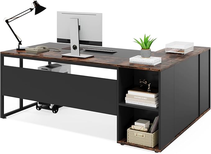 Tribesigns 71 inch Executive Desk L Shaped Desk with Cabinet Storage Executive Office Desk with Shelves Business Furniture Workstation for Home Office Brown and Black