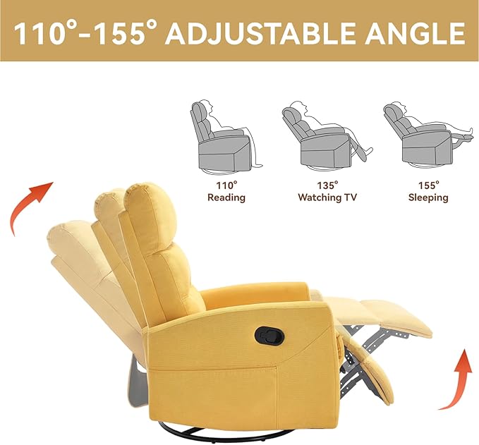 Swivel Rocking Recliner Chair Upholstered Glider Rocker with Adjustable Backrest and Footrest Modern Rocking Chair for Adults with 2 Pockets for Nursery Lounge Bedroom Living Room (Yellow)