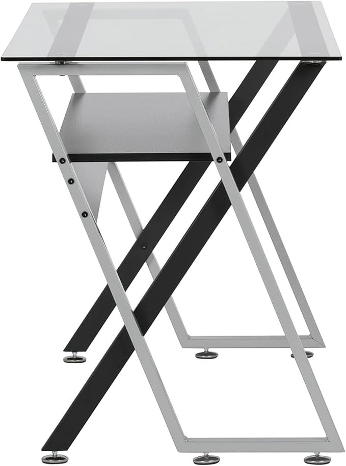 Calico Designs Colorado Glass Desk – 47 Modern Writing Desk with Tempered Glass Top Steel Frame &amp Storage Shelf – Home Office Computer or Study Table Black/Silver