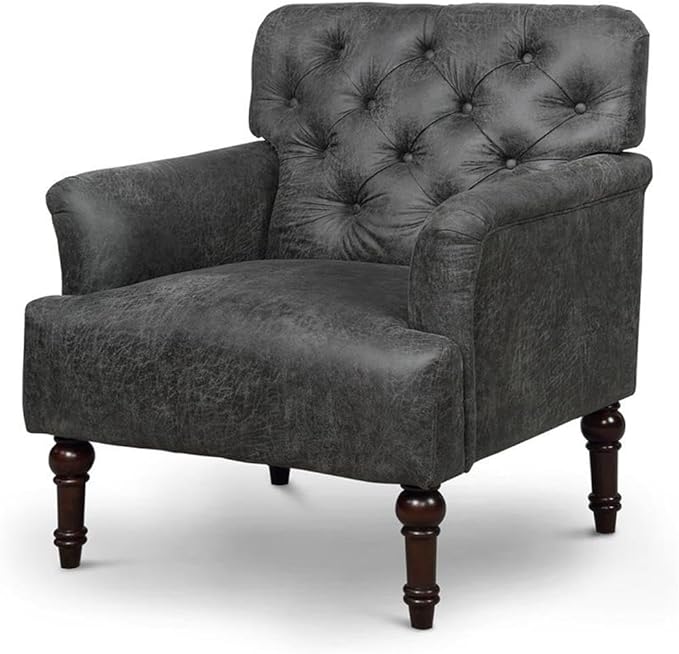 Bowery Hill Leith Faux Leather Tufted Accent Chair Gray Finish Wood Frame 32W x 30.5D x 35H Button Tufted Back Piping Line Details Transitional Style Chair for Living Room or Master Bedroom