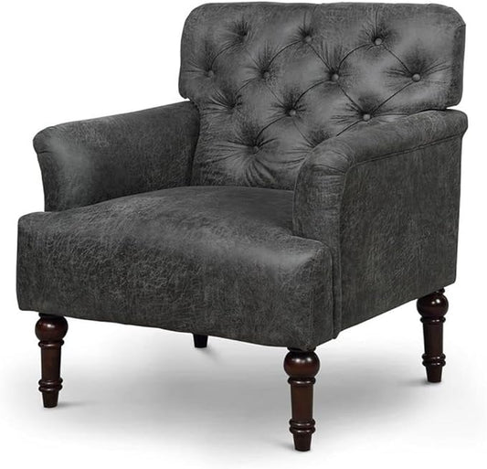 Bowery Hill Leith Faux Leather Tufted Accent Chair Gray Finish Wood Frame 32W x 30.5D x 35H Button Tufted Back Piping Line Details Transitional Style Chair for Living Room or Master Bedroom