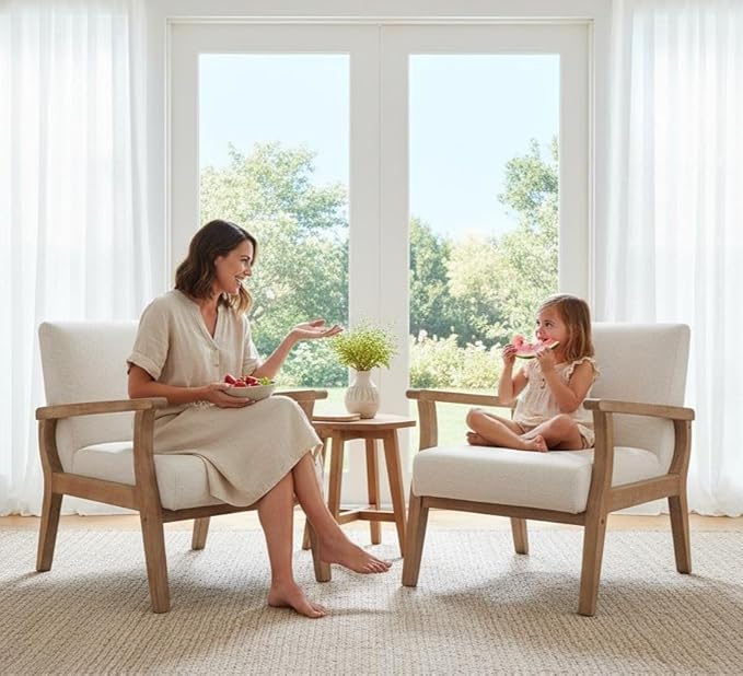 HNY Mid Century Modern Accent Chairs with Wood Frames Linen Upholstered Living Room Arm Chairs for Living Room Bedroom