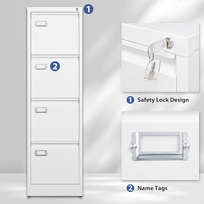 4 Drawer File Cabinet Filing Cabinets for Home Office Metal Vertical File Storage Cabinet with Lock Locking File Cabinet for A4 Legal/Letter 15 W x 17.7 D x 50.1 H Assembly Required