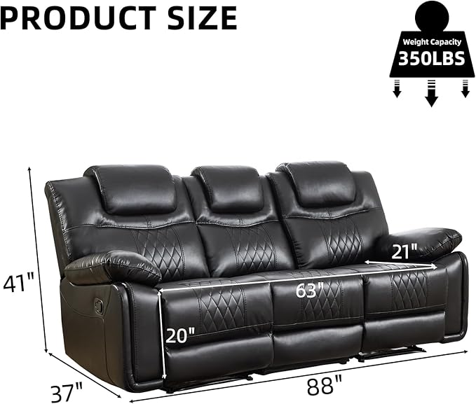 EBELLO Faux Leather Manual Reclining Sofa Overstuffed Armrest 3 Seat Recliner Sofa Reclining Couch for Living Room Meeting Room Bedroom Black