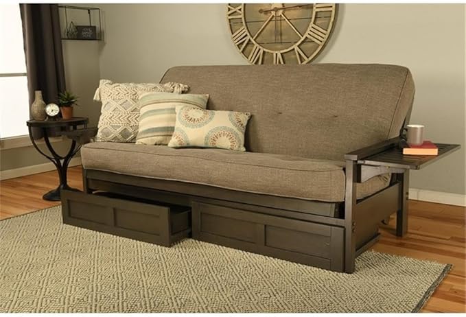 Kodiak Furniture Alamosa Full Size Futon Frame with Storage Drawers - Wood Sofa Sleeper Frame with Mattress Included in Linen Stone Gray Color