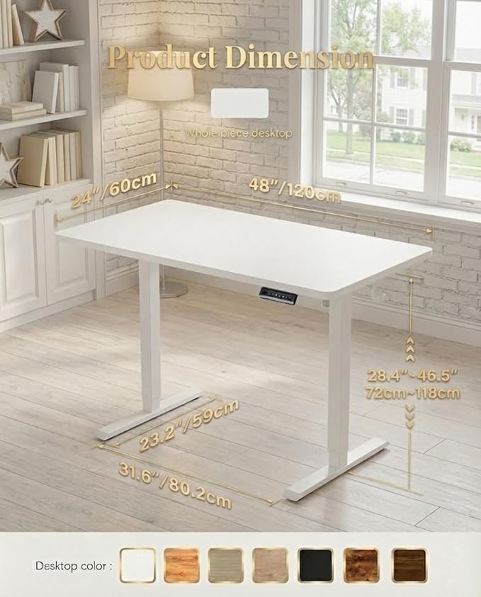 BANTI One-Piece Standing Desk Adjustable Height Stand up Home Office Desk48x24 Inch Electric Standing Computer Desk with 4 Memory Presets Headphone Hook White