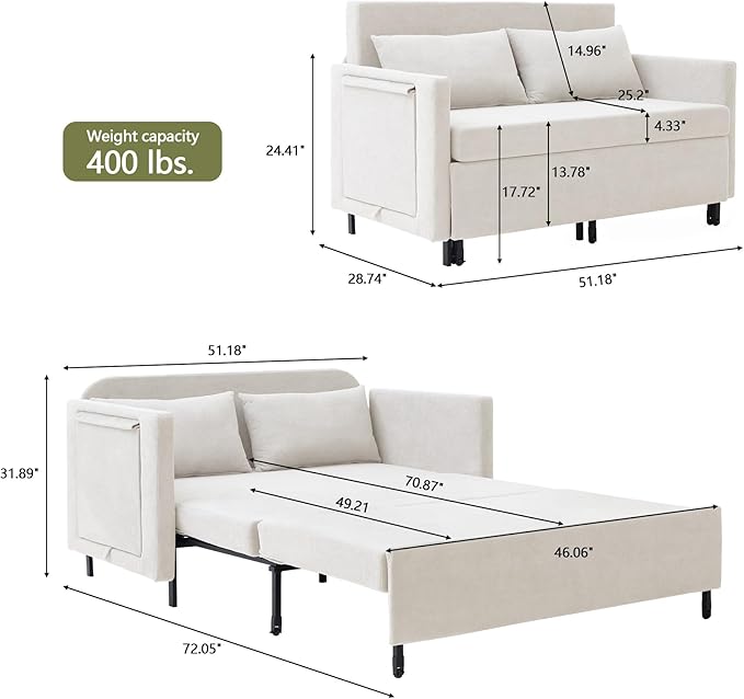3-in-1 Convertible Sleeper Sofa Couch with Pullout Bed Loveseat Sleeper Sofa Bed with Hidden Side Table 56 Full Size Folding Futon Couch for Living Room Guest Room Apartment Home Office (Beige)