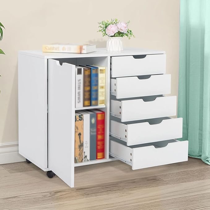 HASMI Filing Cabinet Wooden Filing Cabinet 78x40.5x68CM Single Door 5 Drawers MDF White Floor Locker Suitable for Office Home Use Storage Cabinet yuqing2022