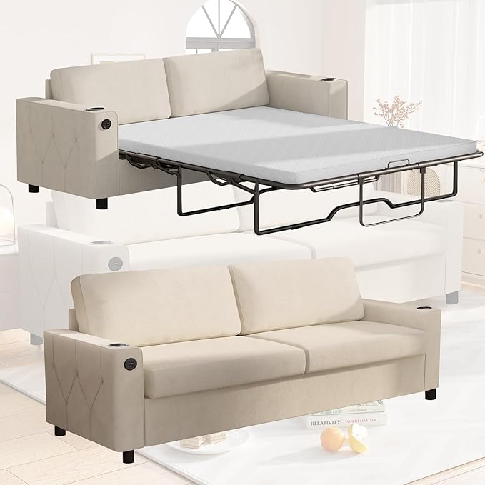 BALUS Pull Out Sofa Bed 2-in-1 Convertible Sofa Couch with Memory Foam Mattress Queen Size Sleeper Couch with Inbuilt Cup Holder &amp USB Ports for Living Room White