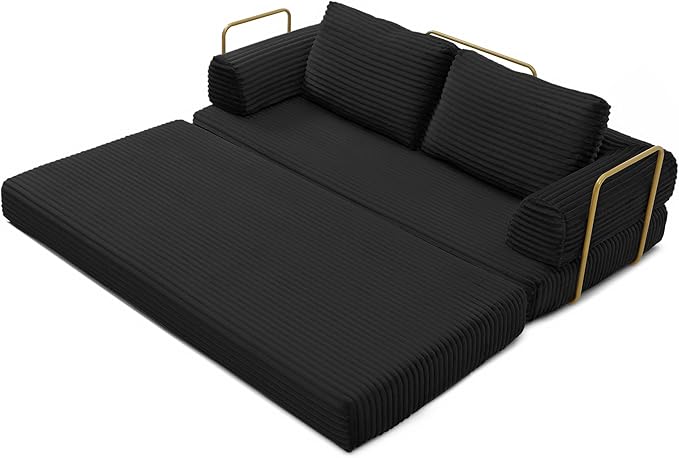 80 Convertible Sofa Bed Modern Corduroy Sleeper Sofa Folding Floor Couch with Golden Fixed-Shape Frame Black Boneless Loveseat Sofas Bed for Living Room Bedroom No Assembly Needed