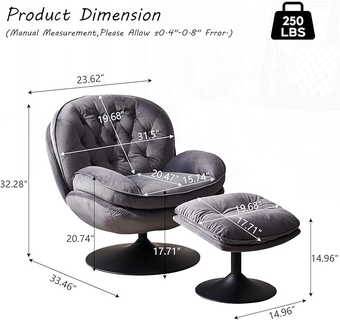 Swivel Accent Chair with Ottoman Set Velvet Modern Lounge Armchair with Metal Base Frame &amp Footrest Comfy Lazy Single Leisure Chair with 360 Swiveling for Living Room/Bedroom/Grey