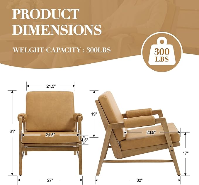 CIMOTA Mid Century Modern Accent Chair Set of 2 Leather Upholstered Living Room Chairs with Arms Comfy Reading Chair with Solid Wood Frame High Back for Bedroom Waiting Room Office Brown