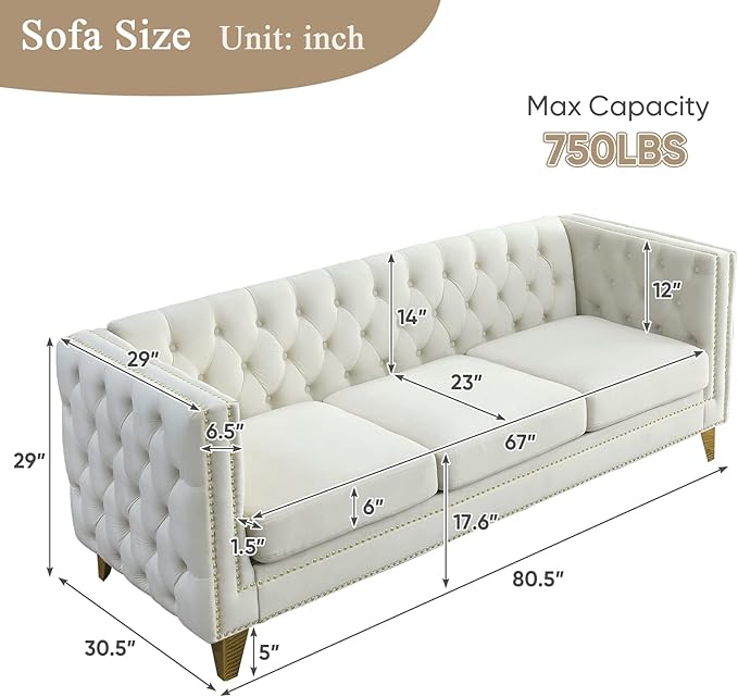 Antetek Comfy Upholstered Couches for Living Room 80-inch Modern Button Tufted 3-Seater Sofa w/Square Arm 4 Golden Metal Legs and Gold Nail Heads for Living Room Office Apartment Beige