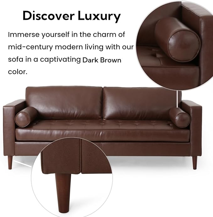 Merax Upholstered PU Sofa Classic 3 Seater Leather Couch with Wooden Legs for Living Room Bedroom Office Dark Brown