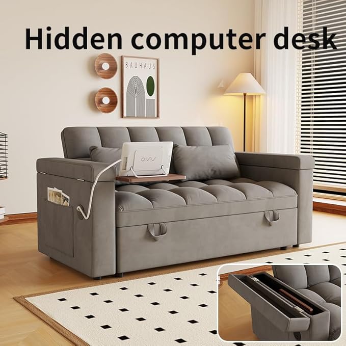 65 Convertible Pull Out Sofa Bed Queen Size 3-in-1 Convertible Sleeper CouchArmrests with Storage Function. Modern Velvet Loveseat Sofá for ApartmentOfficeDark Grey