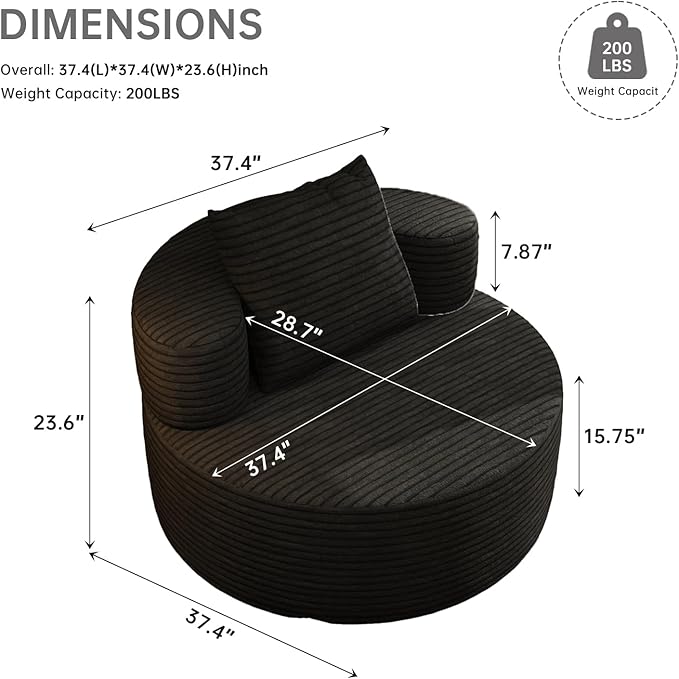 37.4 Oversized Boneless Chair Round Chaise Lounge Boneless Accent Chair Indoor Upholstered Corduroy Deep Seat Sofa Chair No Assembly Required for Living Room Bedroom Apartment
