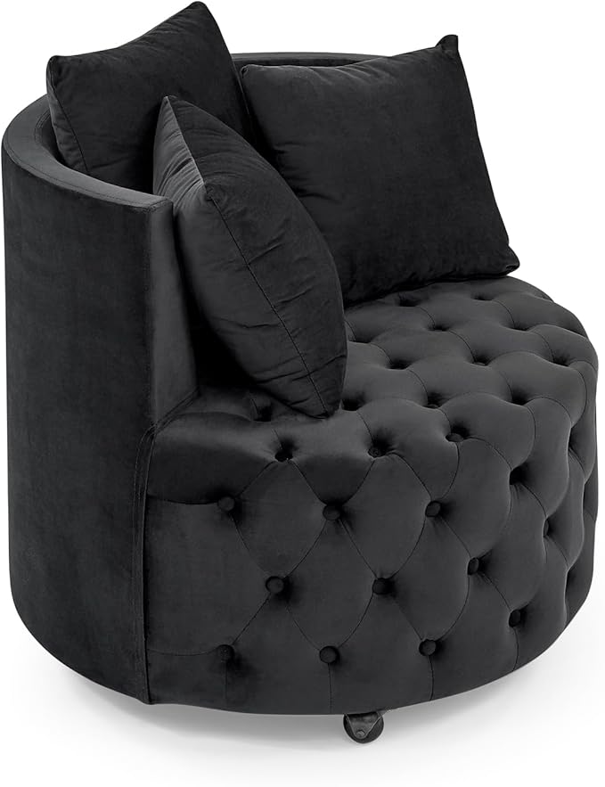 Velvet Upholstered Swivel Chair Velvet Swivel Chair for Living Room Button Tufted Velvet Upholstered Swivel Chair Design with Movable Wheels Includes 3 Decorative Pillows Black