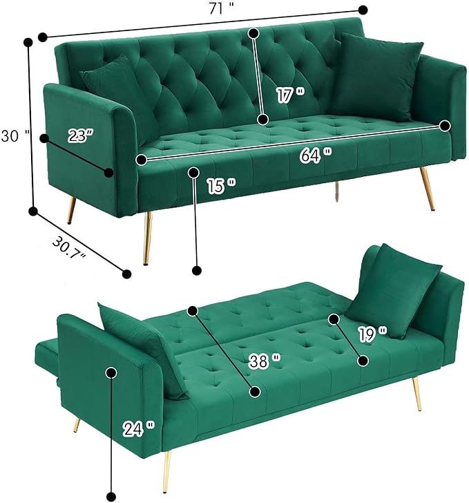 71Convertible Futon Sofa Bed - Modern Velvet Sleeper Couch with Adjustable Backrest Tufted Recliner with Golden Chrome Legs &amp 2 Pillows Perfect for Small Spaces Living Room &amp Apartment (Gr