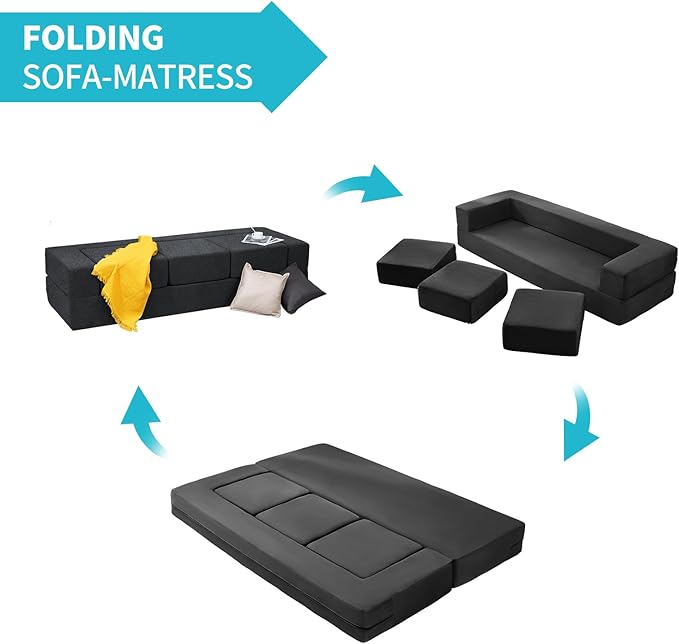 CECER 80 Convertible Floor Sofa BedFolding Sofa Bed with 3 OttomansVelvet Modular Sectional Futon SleeperFoldable Memory Foam Couch for Living Room/Guest Room/Playroom（Dark Grey）