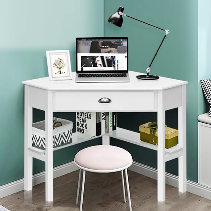 Tangkula White Corner Desk with Drawer Storage Shelves for Computer Makeup Vanity Desk for Small Space 90 Degrees Triangle Desk
