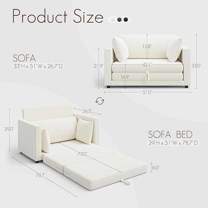 Convertible Sofa Bed 2 in 1 Pull Out Loveseat Sleeper Sofa | 78.7” Folding Floor Sofa Bed for Guest Room Bedroom | Ivory White