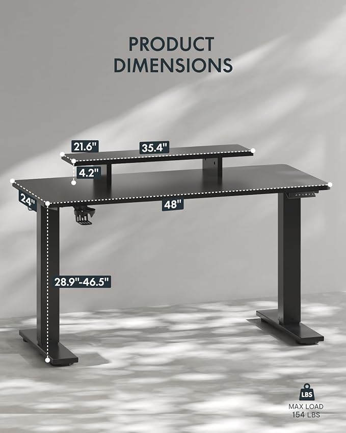FLEXISPOT Standing Desk with Monitor Stand 48 x 24 Inches One-Piece Electric Height Adjustable Computer Desk with Cup Holder for Home Office Black