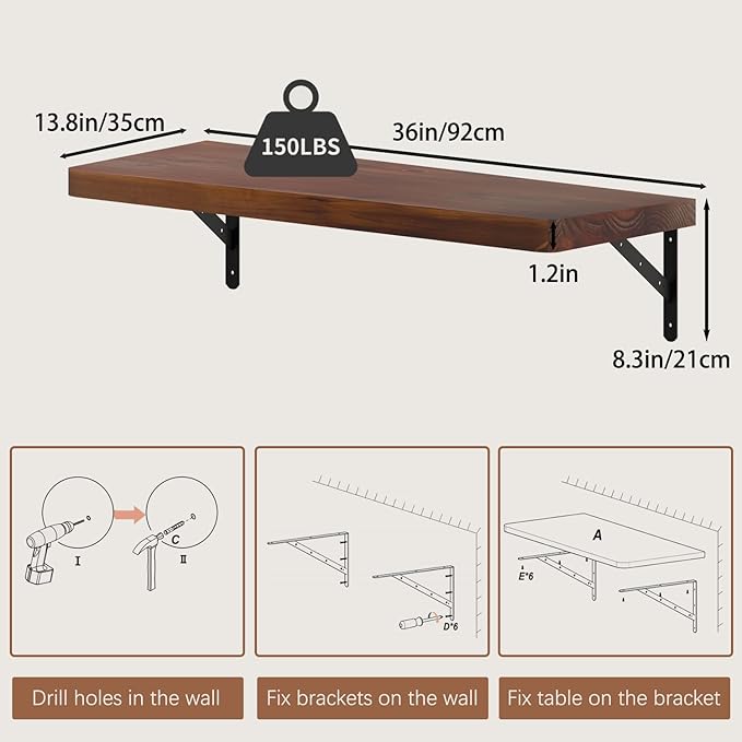 Floating Wall Desk for Home OfficeWall Mounted Table with Pine Wood36 Inch Workbench for GarageWork Table with Heavy Duty Brackets for KitchenDiningLaundry