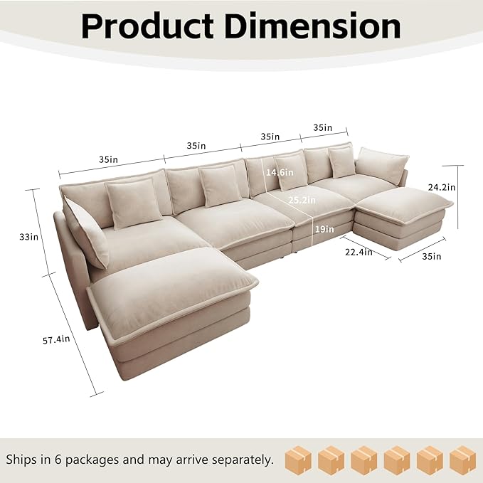 146.5 U Shaped Couch Modular Sectional Sofa Comfy Chenille Cloud Couch with Movable Ottoman and Pillow Modern 4-Seater Deep Seat Sofa for Living Room(KhakiU Shaped Sofa)