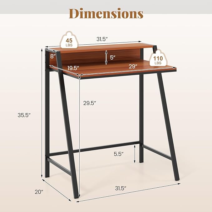 Giantex Small Computer Desk 31.5 Compact Home Office Desk with Monitor Stand &amp Sturdy Frame 2-Tier Space-Saving Study Writing Desk for Small Spaces Apartment and Bedroom (Walnut)