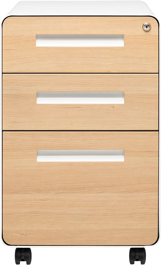 Laura Davidson Furniture Stockpile 3 Drawer File Cabinet with Lock - Under Office Desk Metal Filing Cabinet Legal/Letter File Folders Wheels and Stationary Feet Pre-Assembled White/Wood
