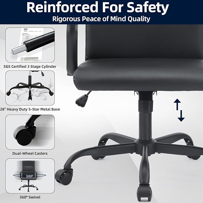 Office Chair Ergonomic Adjustable Desk Chair Mid Back Executive Comfortable Leather Lumbar Support Home Computer Chair with Padded Seat Swivel Wheels