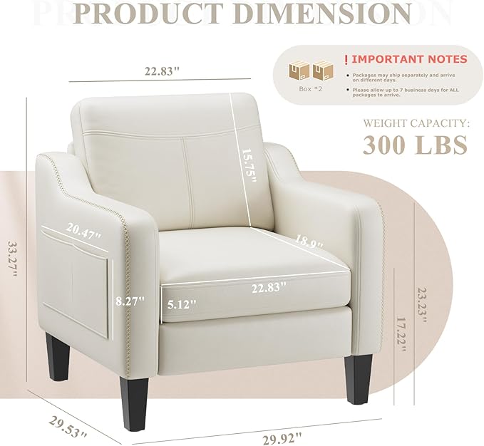 PU Leather Accent Chair Mid-Century Modern Living Room Armchair Sofa with Removable Cushions Solid Wood Frame &amp Stitched Armrest Design Bedroom Chair with Plastic Legs Beige