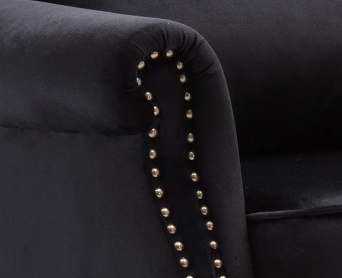 Kmax Velvet Club Chair Tufted Throne Mid Century Accent Wingback Chair with Ottoman Padded Seating Wood Legs Home Club Bedroom Living Room Black