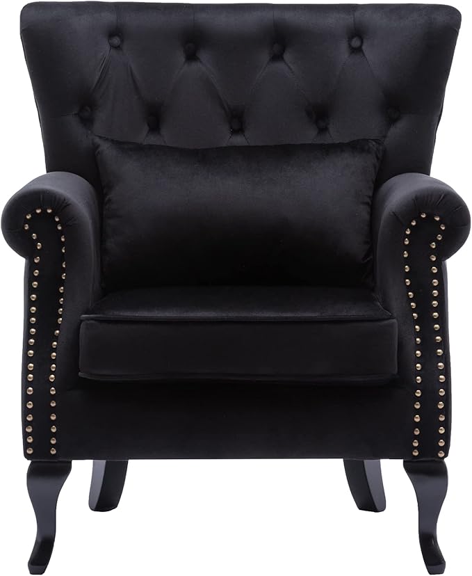 chairus Mid-Century Modern Accent Chair Comfy Tufted Single Sofa Chair Wingback Armchair with Pillow for Club Living Room Bedroom - Velvet Black