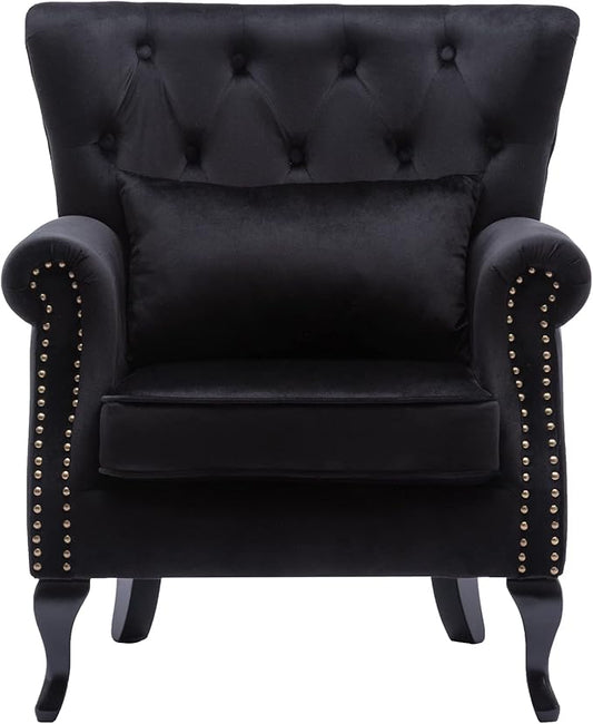 chairus Mid-Century Modern Accent Chair Comfy Tufted Single Sofa Chair Wingback Armchair with Pillow for Club Living Room Bedroom - Velvet Black