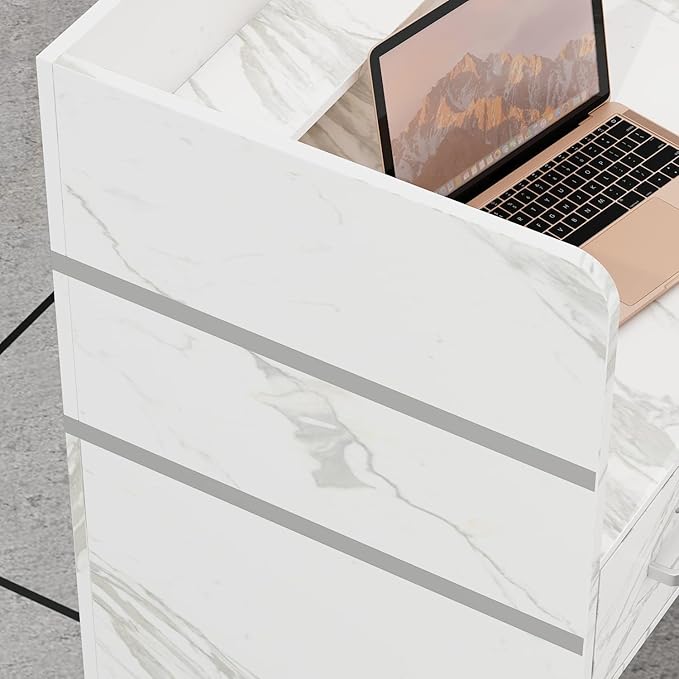 Homsee Modern Reception Desk with 3 Drawers 1 Door Storage Cabinet &amp Hutch Shelf Office Wooden Computer Desk Writing Study Table PC Laptop Desk White Marble (47.3 L x 18.3 W x 43.3 H)