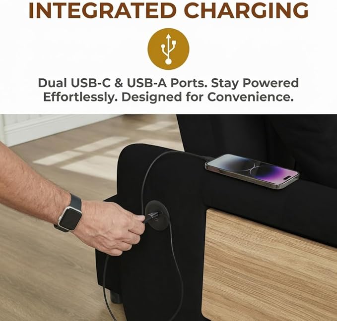 3-in-1 Convertible Sleeper Sofa with Integrated USB &amp Type-C Charging Station Modern Pull-Out Bed Loveseat for Living Room Comfy Fabric with Side Pocket Easy Assembly(Black) | Phone Stand USB