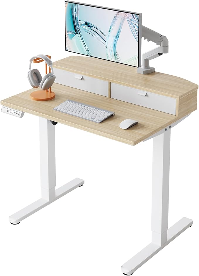 HUANUO 32 x 21 inch Small Electric Standing Desk with 2 Drawers C-Clamp Mount Compatible Height Adjustable Sit Stand Desk Home Office Stand Up Desk with 4 Memory Height Settings Light Walnut