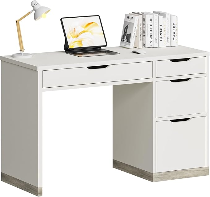 White Desk with Drawers 48 Inch Small Computer Desk with 4 Storage Drawers for Small Space Home Office Desk for Bedroom with Storage File Drawer