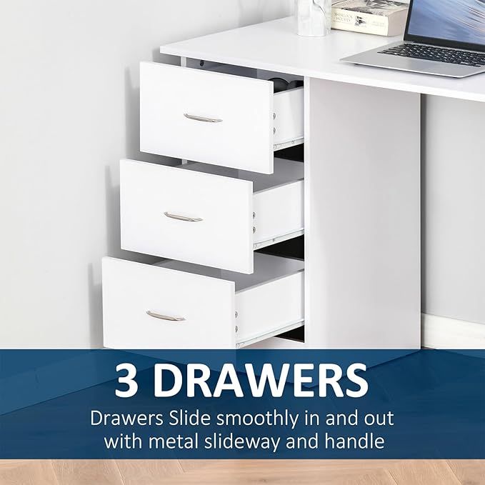 47 inches Modern Home Office Computer Desk Bookcase Combo Writing Table Workstation with 3 Drawer and Storage Shelf Modern Writing Desk Study Writing Table for Small Spaces White