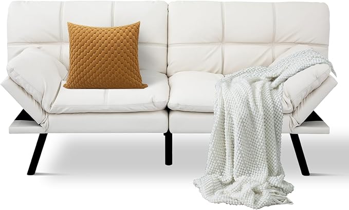 MUUEGM Futon Sofa Bed Convertible CouchMemory Foam Futon Sofa CouchSleeper Futons Sofa CouchesSmall Splitback Modern Loveseat Sofa Bed for Living RoomOfficeApartmentFaux LeatherWhite.