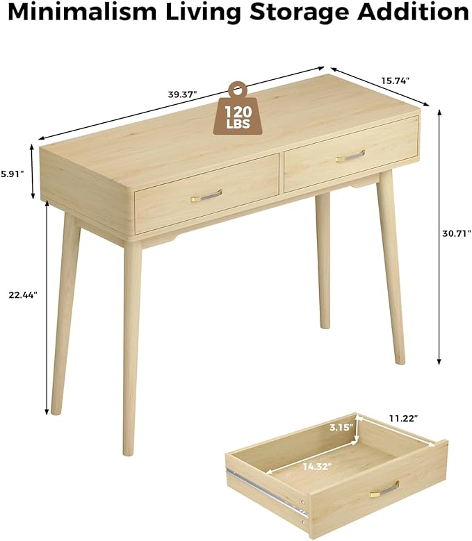 Small Wood Desk with Drawers - 40 Inch Home Office Study Writing Desk for Bedroom Vanity Desk with 4 Solid Legs Modern Computer Desk for Small Spaces
