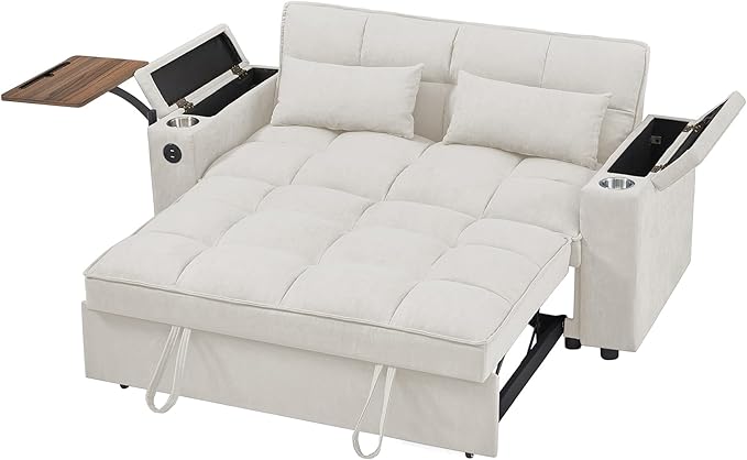 65'' Convertible Sleeper Sofa Bed with Pull-Out Design 3-in-1 Modern Chenille Fabric Couch with 360° Swivel Side Table Queen Size Easy Assembly for Living Room White