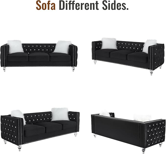 Luxury 3 Seater Sofa Couch with Acrylic Crystal LegsChesterfield 3-Seater SofasModern 83 Diamond Button Tufted 3 Seat Couches with Silver Nailhead Trim for Living Room (Black 3 Seater)