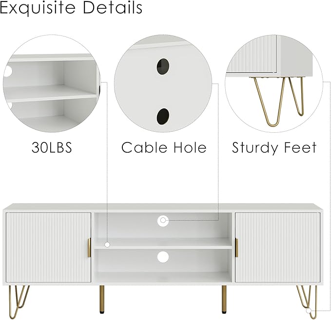 TV Stand for 55-65 Inch TV Entertainment Center with Soft Hinge DoorTV Console Table with 2 Cabinets with Gold Handle and Feetfor Living Room Bedroom White