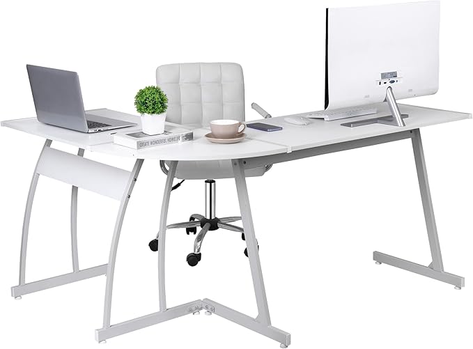 ZenStyle 55 L-Shaped Corner Computer Desk - Sturdy Steel Frame &amp Waterproof Surface White Wood Grain Design for Home Office Gaming &amp Multipurpose Workstation
