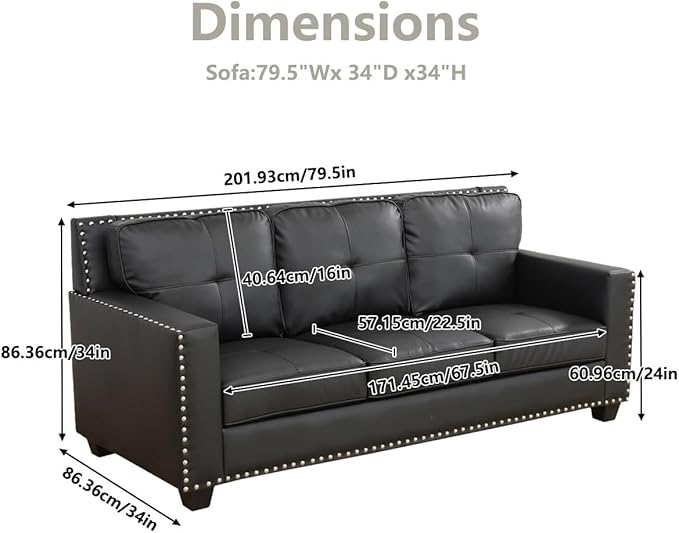 Modern 3-Seater Sofa with Softy Backrest Cooper Nail Comfortable Large couches for Living Room with Overstuffed Cushion Modern Leather Couch Set for Bedroom Apartment(Black-Faux LeatherSofa)