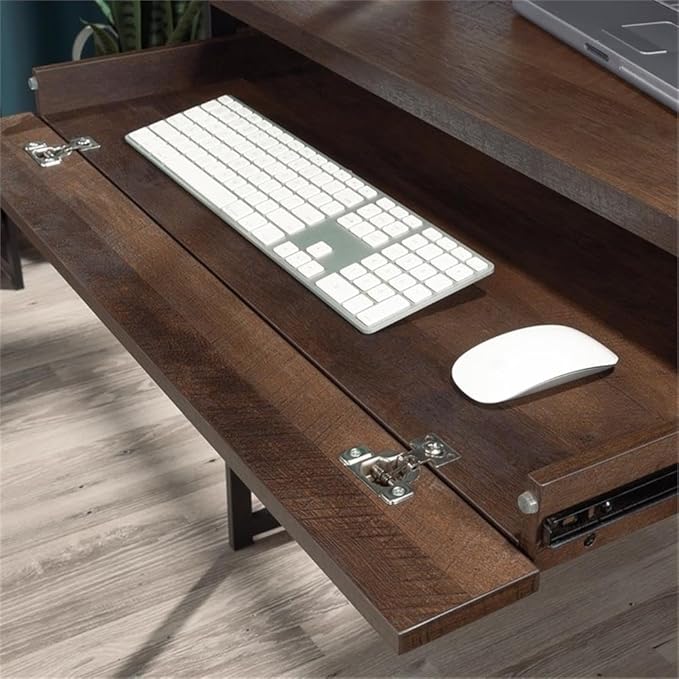 Pemberly Row Engineered Wood Computer Desk with Hutch Barrel Oak Finish 72 in H x 48 in W x 23 in D Adjustable Shelves Keyboard Tray File Drawer Industrial Home Office Desk