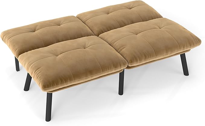 Sofa Bed with Chaise Modern Convertible Sleeper Sectional Loveseat Velvet Futon Couch with Tufted Back and Metal Legs for Small Space Apartment (Brown)