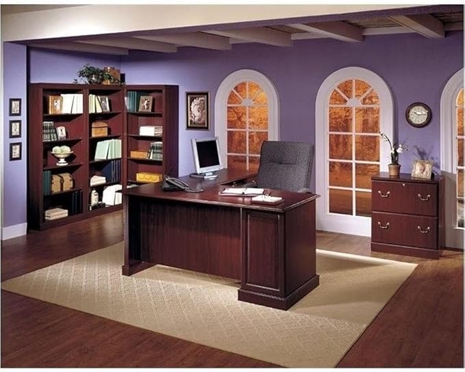 Pemberly Row L-Shape Executive Office Computer Desk 66 in x 71.2 in Harvest Cherry Finish Manufactured Wood Double Pedestal Base with Storage Keyboard Shelf File Drawers Home Office Desk